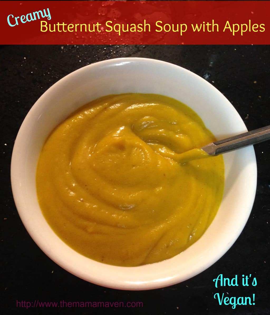 Creamy Butternut Squash Soup with Apples (Vegan) | The Mama Maven Blog @themamamaven #vegan #soups #apples 