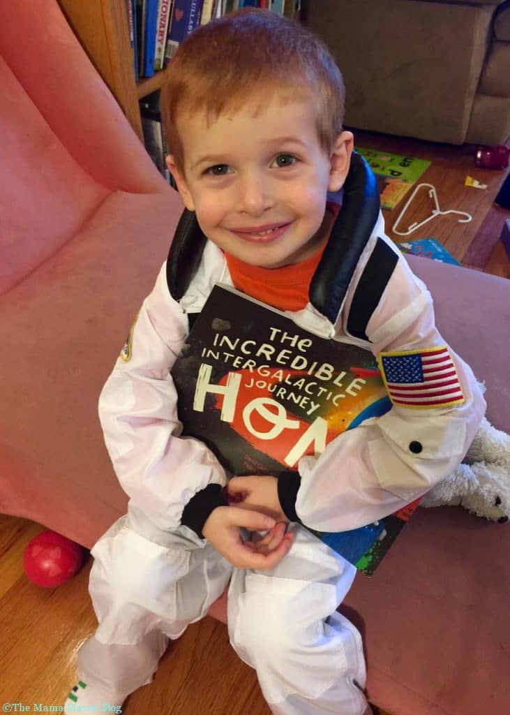 My little astronaut with his The Incredible Intergalactic Journey Home from Lost My Name DIY Indiana Jones Costume for Halloween or Book Character Day at school!