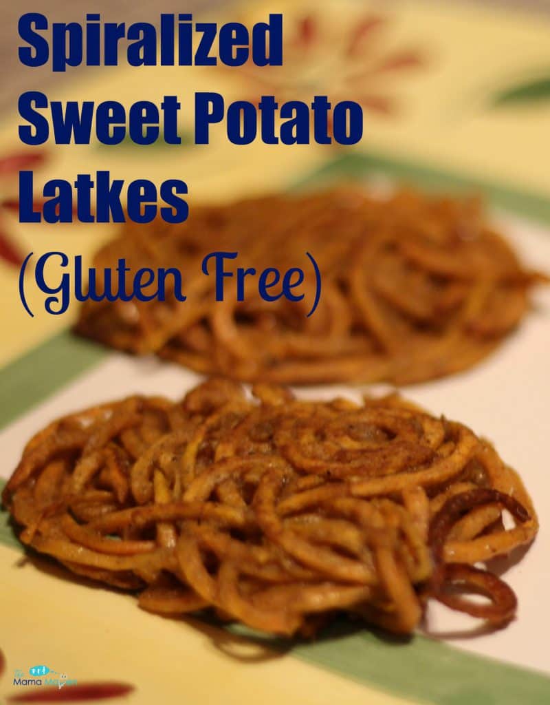 Looking for a sweet latke idea? Make my Spiralized Sweet Potato Latkes (Gluten Free) | The Mama Mama Blog #latkes #spiralized #Hanukkah