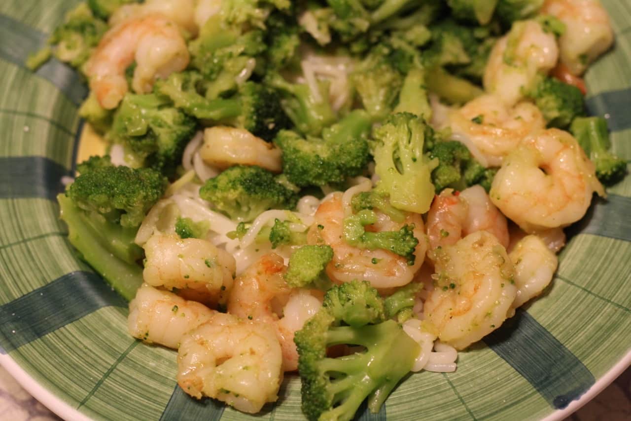 Shrimp & Broccoli over Rice Noodles (Gluten Free)