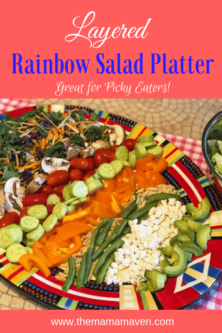 Layered Rainbow Salad Platter for Dinner - Great for Picky Eaters #pickyeaters #rainbowsalad #dinner #veggies #alltheveggies #layeredrainbowsalad #saladsfordinner #dinner #dinnerideas #saladideas #ilovesalad