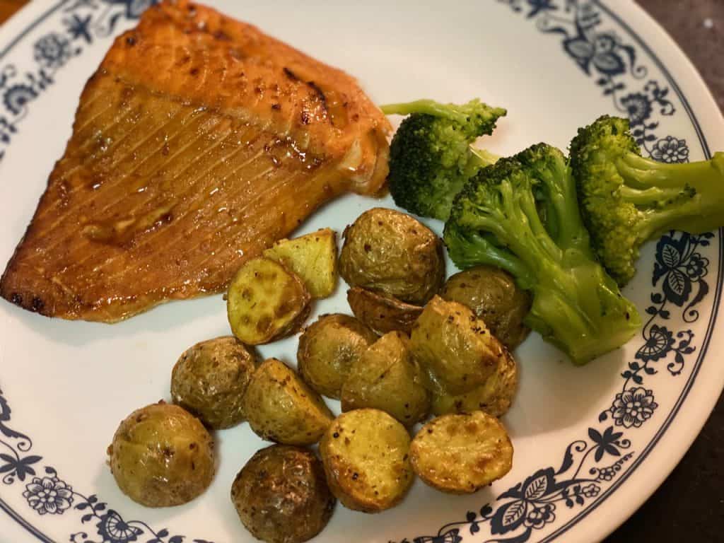 Roasted Yukon Gold Potatoes and Honey Teriyaki Salmon - all made in air fryer