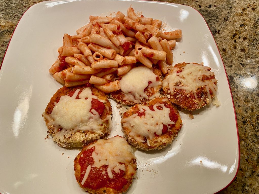 Easy Baked Eggplant Parmesan served with pasta