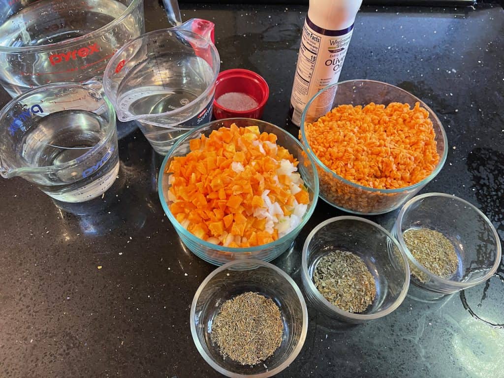 Instant pot red lentil soup with kale ingredients