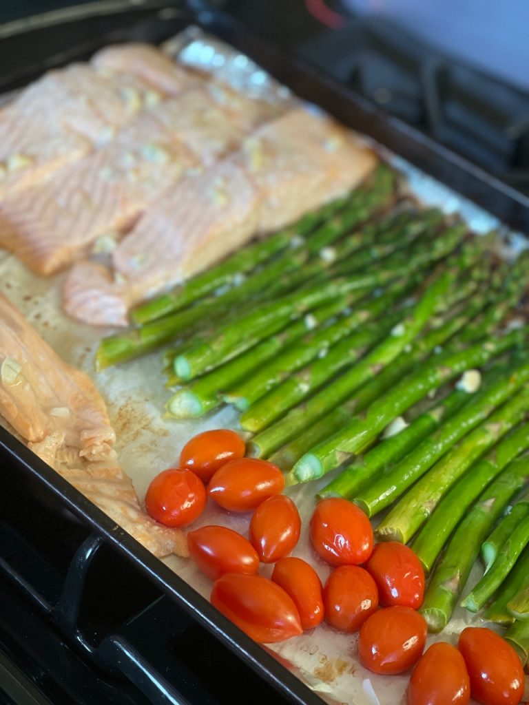 Finished Sheet Pan Dinner: Garlic Lime Salmon Asparagus and Tomatoes 