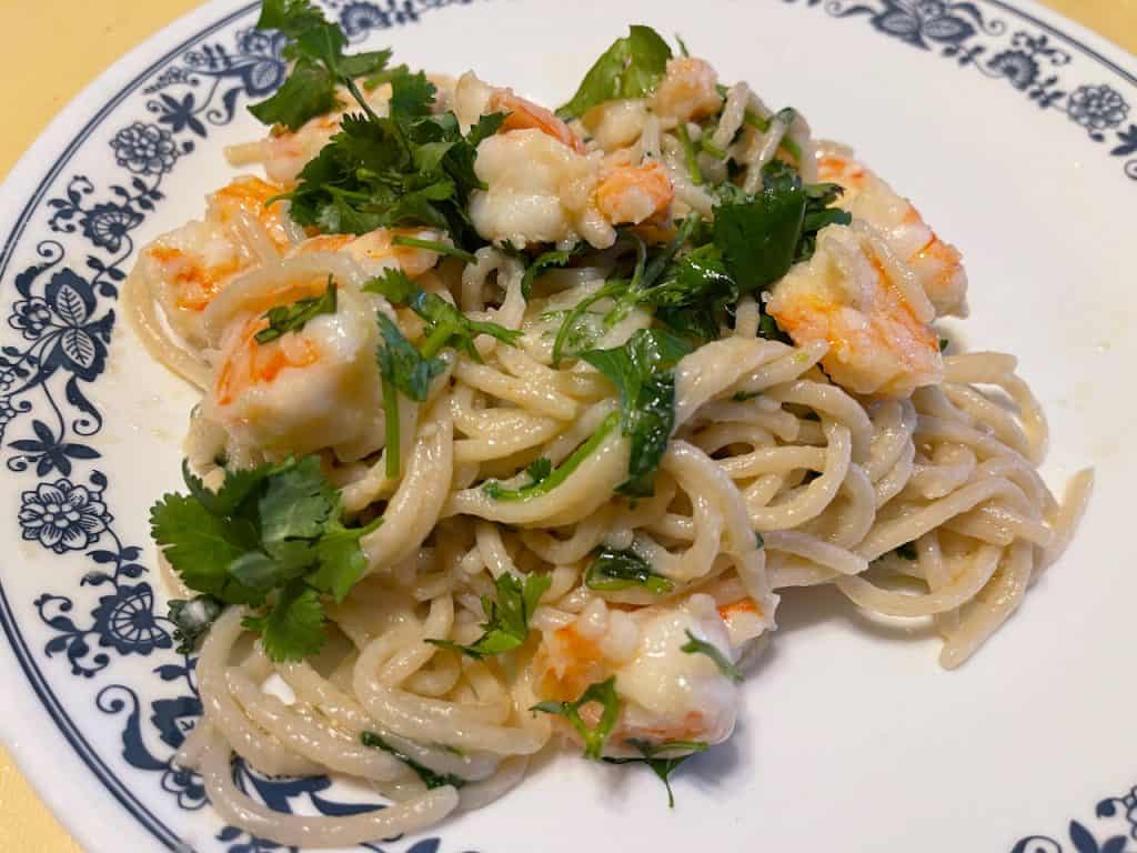 Shrimp linguine on plate