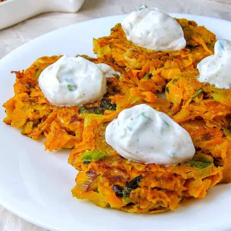 Image for Leek and Sweet Potato Latkes with Cumin-Garlic Yogurt Sauce