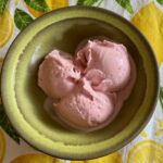 Nonfat Strawberry Frozen Yogurt in a green bowl